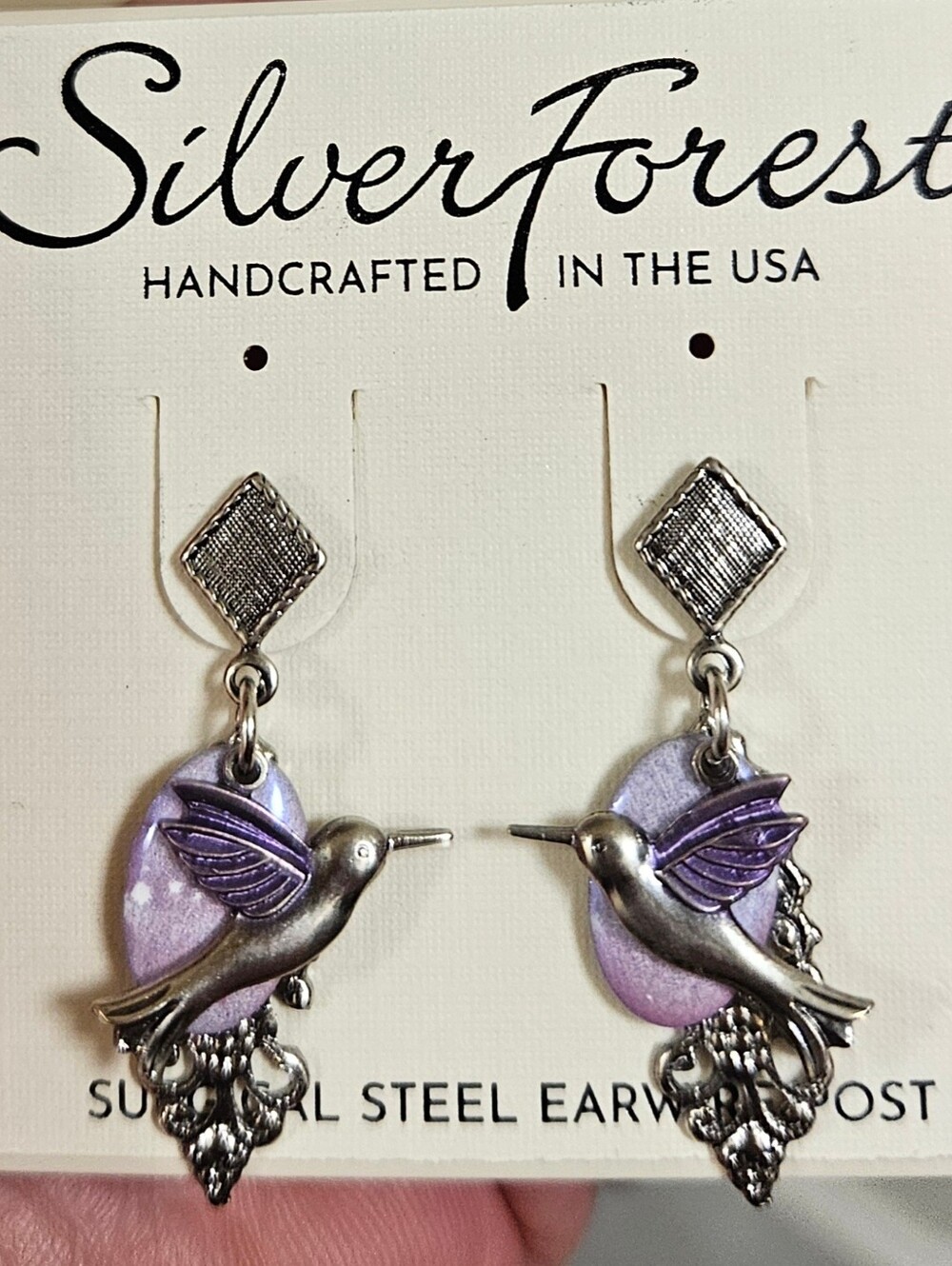 SILVER FOREST SURGICAL STEEL HUMMINGBIRD PURSE ENAMEL DANGLE POST EARRINGS